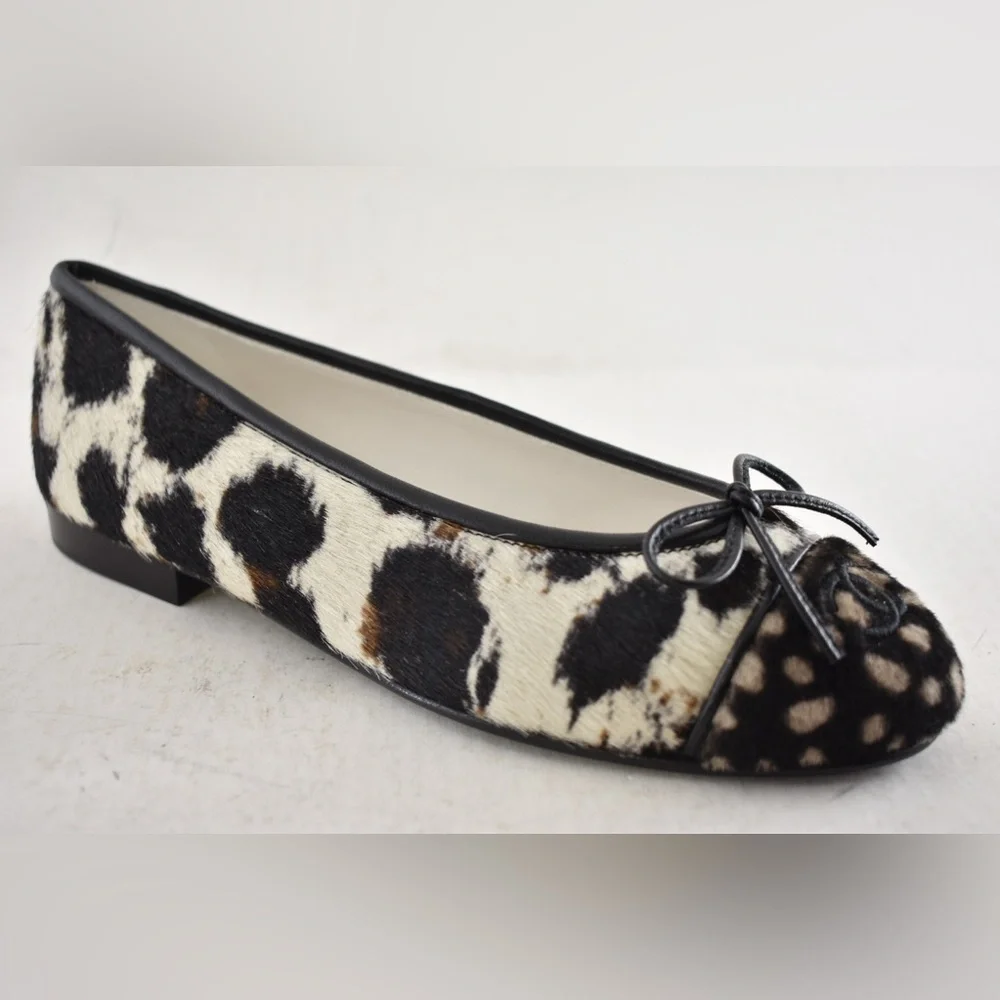 Chanel 26S Black White Brown Pony Fur CC Logo Bow Tie Ballet Ballerina Flat 38.5 - Picture 5 of 16